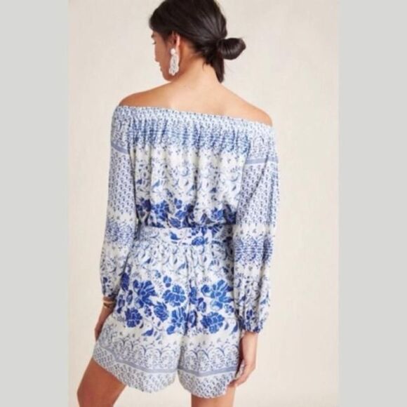 Anthropologie - White Blue Floral Romper/Jumpsuit - Picture 2 of 7